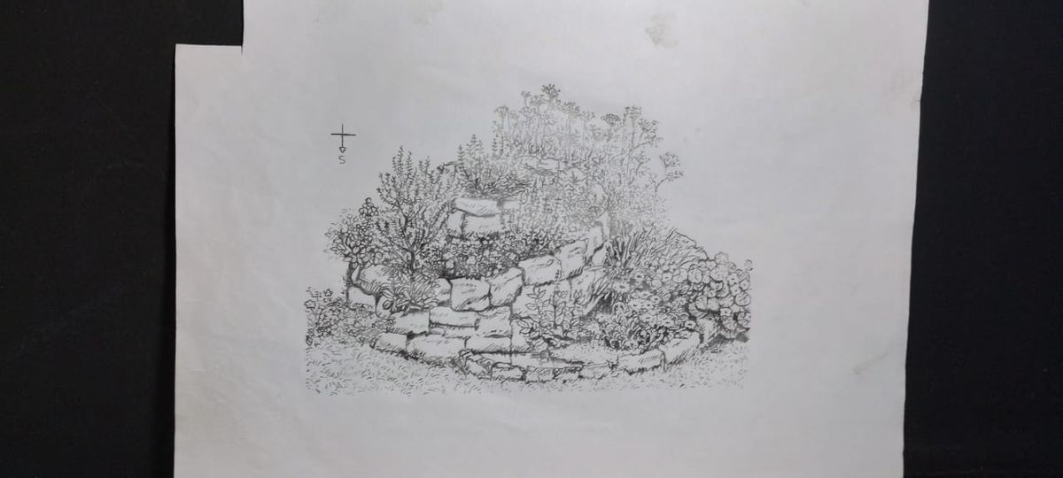 Desenho a lápis de uma espiral de ervas, do caderno de projeto