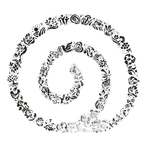 Logo da Ivitú: uma espiral desenhada a nanquim, formada por dezenas de plantas e animais — abelha, minhoca, galinha, cogumelo, semente, pessoas de mãos dadas