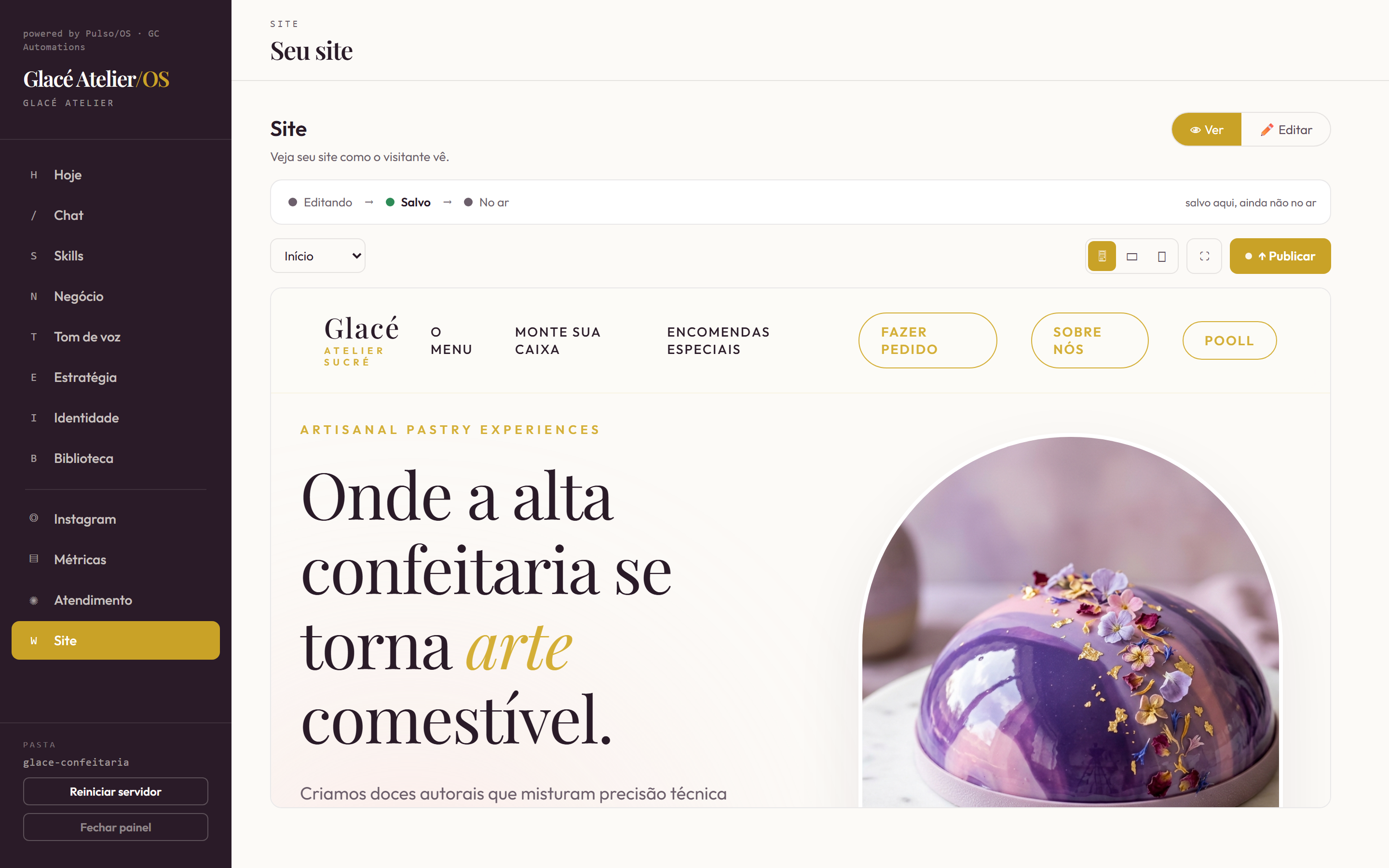 Painel Site do Pulso/OS com editor visual e botão publicar